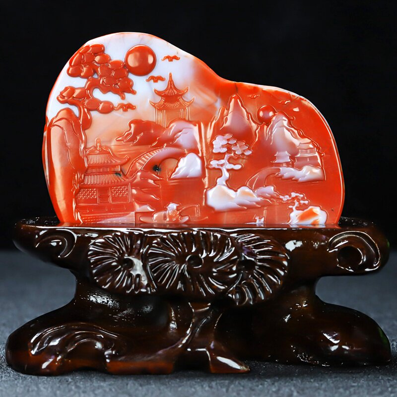 天然四川凉山南红玛瑙江山胜景南红玉山水摆件原石雕刻男女款339