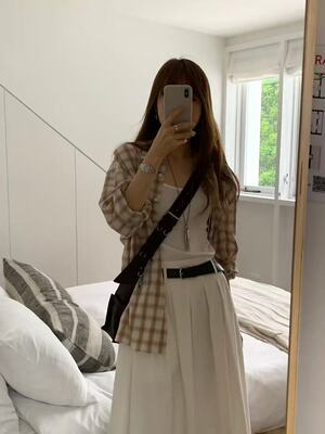 韩国东大门代购ounce2026春季新款纯色格子翻领长袖衬衫