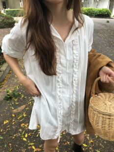 韩国东大门overtake2026春季新款甜美韩系风镂空钩花灯笼袖衬衫裙