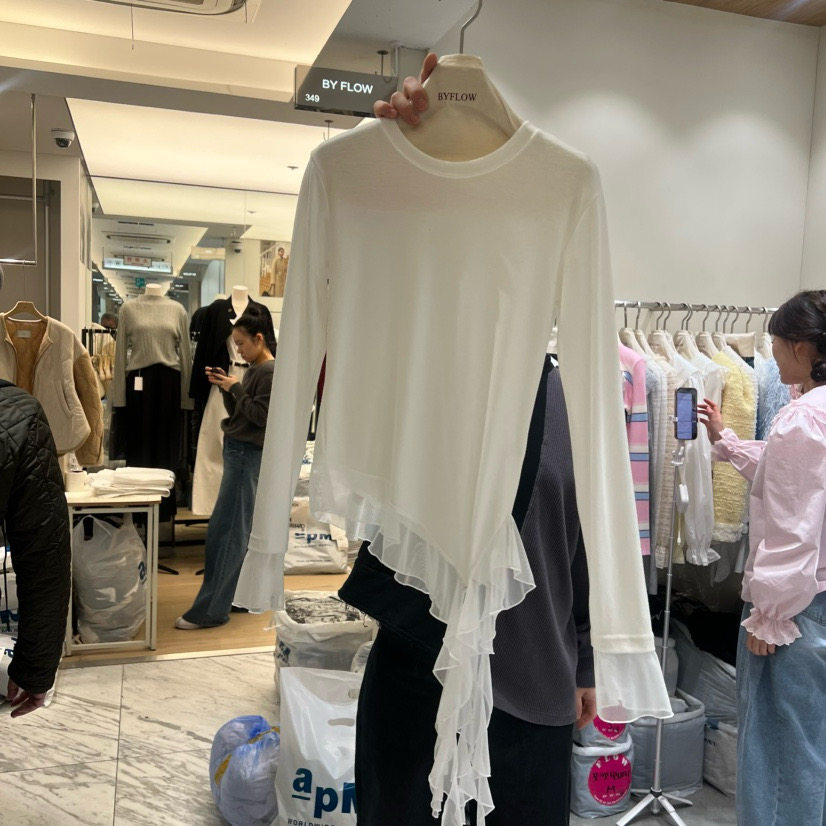 韩国东大门代购by flow2026春季新款圆领拼接木耳边花边长袖上衣
