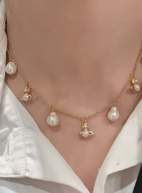 土星珍珠流苏金银链条黄铜镀金女