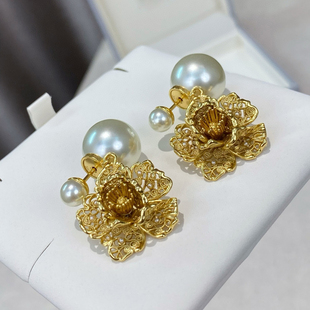 镂空牡丹花珍珠耳环分体耳钉陈都灵同款 细节控 白兔家高质量