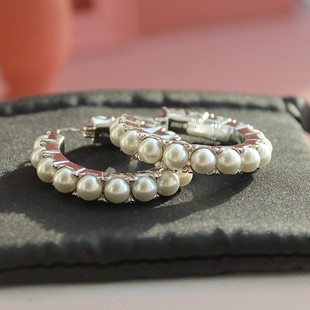 高质量金属珍珠圆圈圈耳环时尚 复古少女欧美髦针饰品银色气质甜美