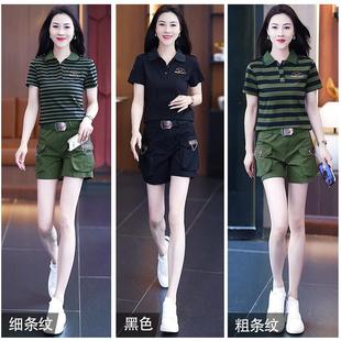 短衣短裤休闲套装女夏季棉质条纹宽松工装裤广场舞服装新款