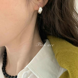 韩国进口极简风法式 高级感贝壳螺纹素圈简约气质百搭耳环耳扣