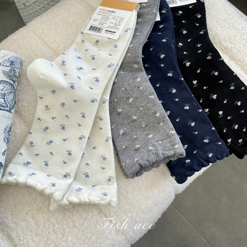 韩国甜美小碎花温柔花边中筒袜子