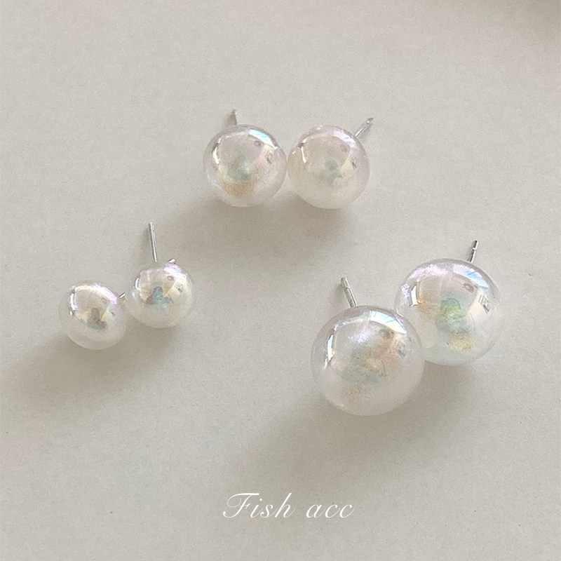 Fish acc韩国进口925银针幻彩人鱼姬简约气质小馒头圆形耳钉耳环
