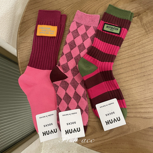 韩国东大门进口拼色条纹撞色菱格纹中筒袜英伦风粉色系运动女袜子