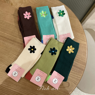 韩国东大门刺绣花朵超美配色中通棉袜柔软透气暗坑条纹潮流袜子