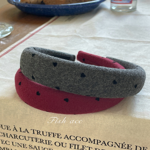 韩国进口秋冬复古酒红灰色爱心点缀海绵加厚高颅顶气质发箍头箍