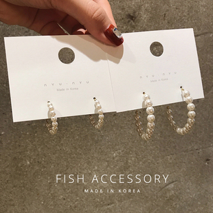 韩国东大门饰品珍珠半圈圆环气质精致名媛女耳环耳钉耳