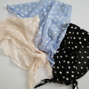 韩国进口春夏新品 丝巾轻纱刺绣头巾小花朵多用途围巾腰封三角巾