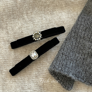 韩国进口秋冬气质双层丝绒蝴蝶结闪钻珍珠发夹鸭嘴夹侧边刘海夹