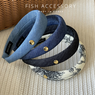 韩国进口高级感发箍复古法式 高颅顶箍牛仔蓝水墨花纹海绵头箍