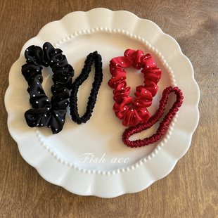 韩国进口19姆米30真丝桑蚕丝加厚波点酒红护发头绳无痕肠圈发圈