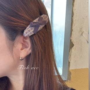 韩国进口法式 小香风粗呢格纹蝴蝶结发夹高级感弹簧夹侧边马尾发卡