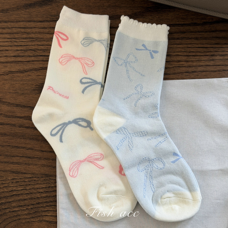 韩国进口袜子春新品甜美蝴蝶结中筒袜面料柔软芭蕾风棉袜女士袜