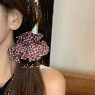 韩国进口秋冬复古氛围文艺学院风布标木耳花边别致格纹大肠圈发圈