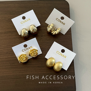 韩国进口高级感简约金色银色牛角玫瑰半圆耳环女ins通勤气质耳钉