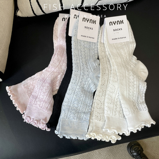 韩国东大门进口棉袜法式 镂空花边网眼中筒袜透气袜子 长袜淡雅薄款