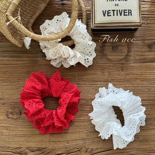 复古酒红发圈 镂空蕾丝刺绣双层肠圈法式 韩国进口原版 赵露思同款