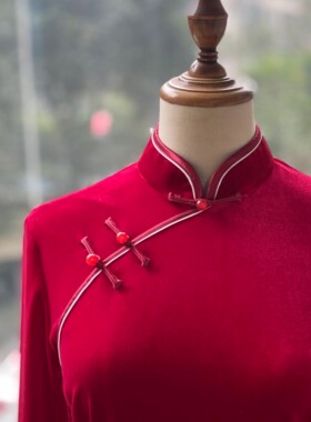 JULEE定制红色丝绒长款修身显瘦复古中国风旗袍新娘敬酒服舞蹈服