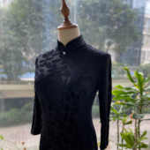 JULEE定制2022春夏黑色植绒丝绒修身 复古弹力旗袍素雅日常连衣裙