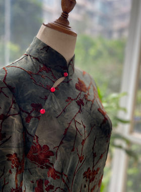 JULEE服装定制浪姐同款墨绿扎染植绒复古修身改良旗袍