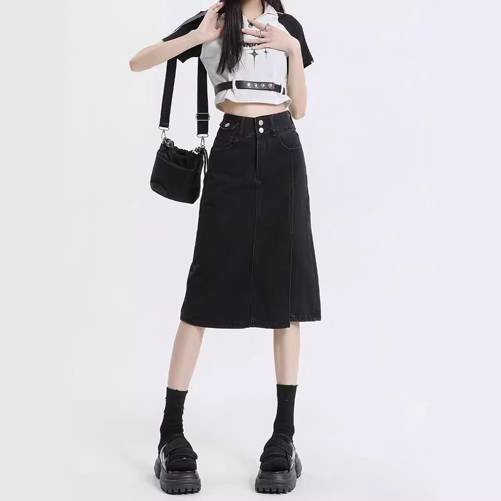 黑色开叉牛仔半身裙女2024年夏季高腰设计感小个子韩版a字包臀裙