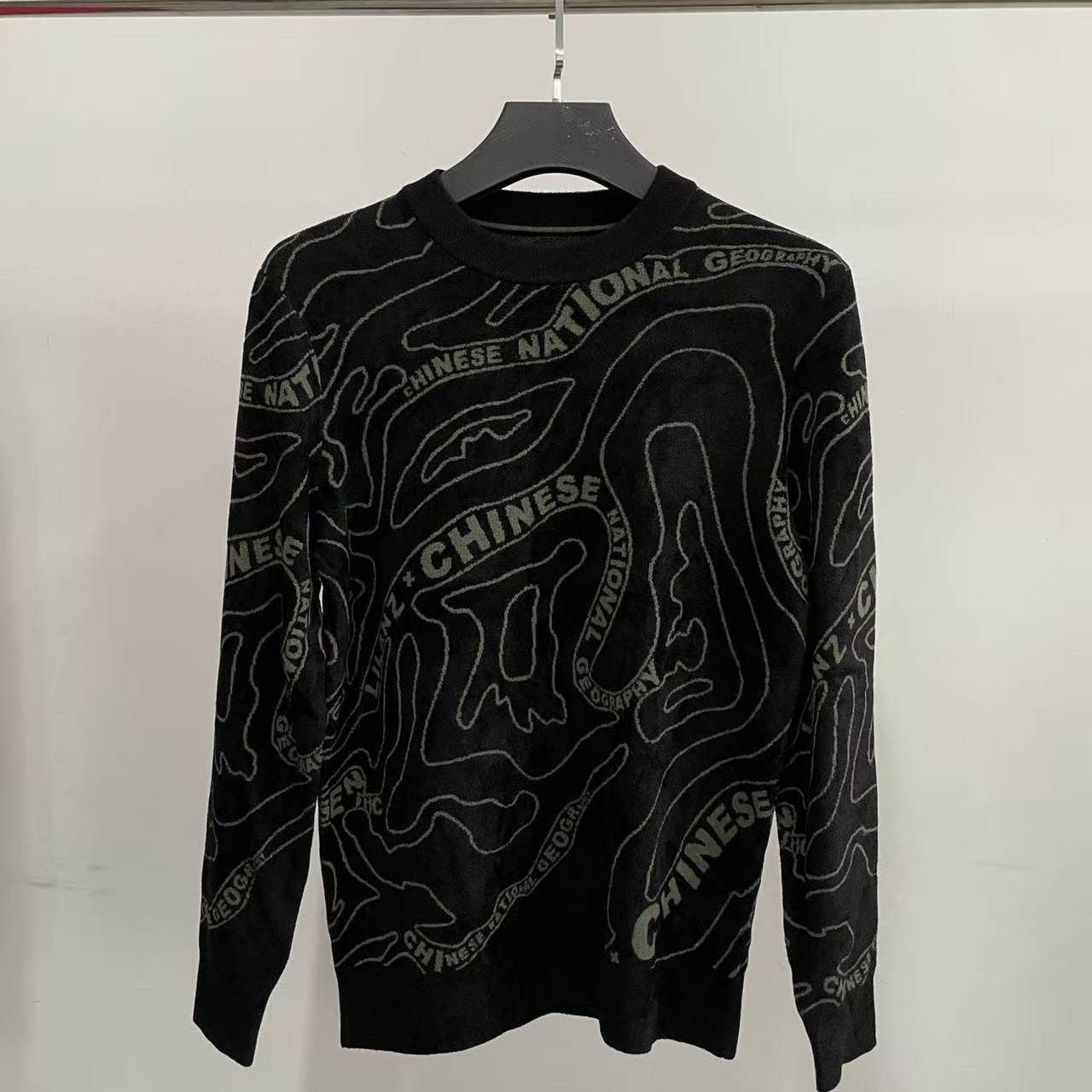 利家my666男士秋冬季黑色地图纹字母毛衣圆领宽松针织衫套头毛衣
