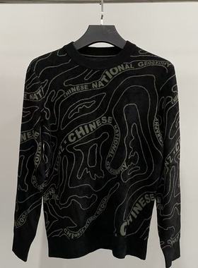 利家my666男士秋冬季黑色地图纹字母毛衣圆领宽松针织衫套头毛衣