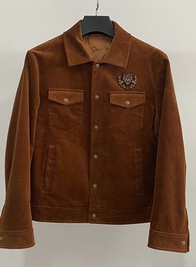 雷di波ermf028男士秋季深棕色灯芯绒翻领虎头刺绣夹薄棉夹克外套