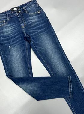 潮 KU465春男士水洗牛仔裤修身免烫中腰微弹小脚长裤蓝色