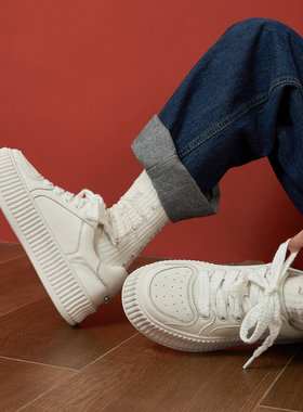 玛速主义2026新款厚底百搭休闲饼干鞋皮面平底板鞋女春学生小白鞋