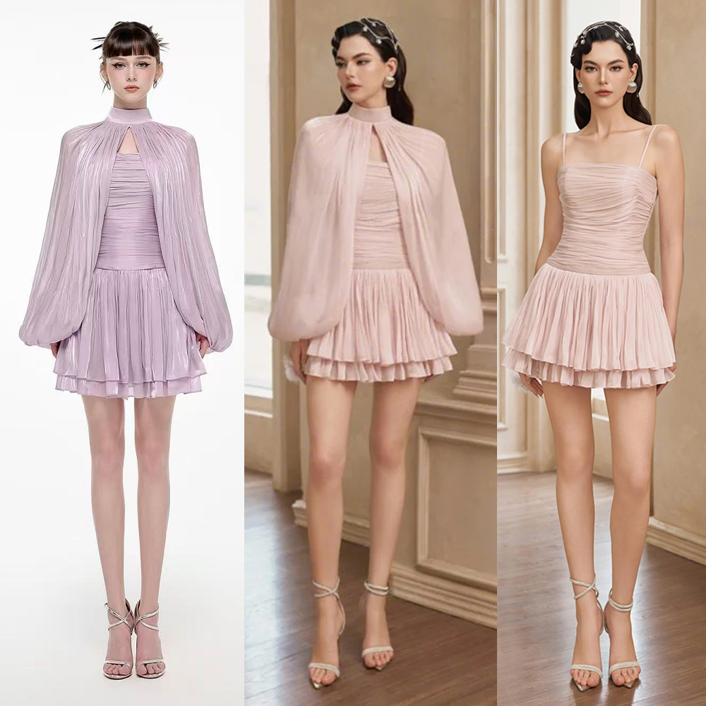 Josephine正品授权女礼服连衣裙粉紫色修身缎面百褶短裙