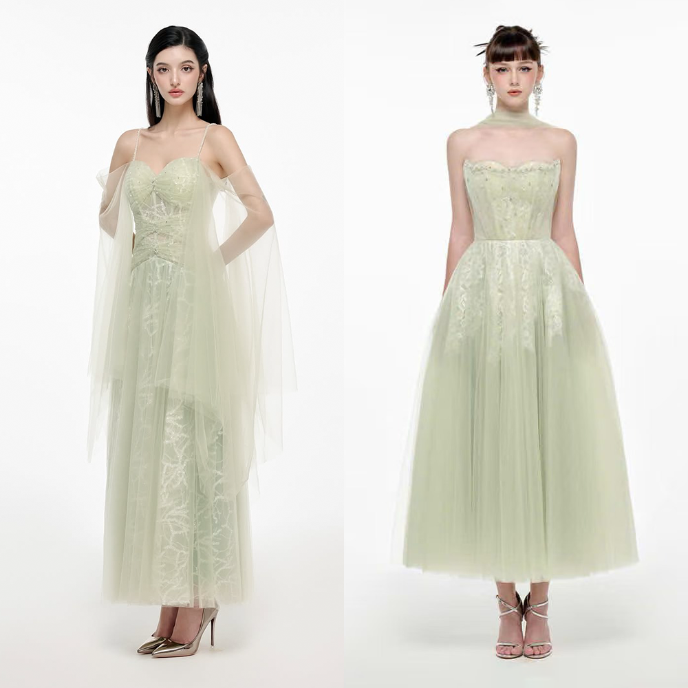 Josephine正品授权女礼服连衣裙薄荷绿网纱仙气中长裙