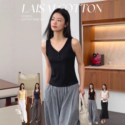 31005#莱赛尔棉V领螺纹纽扣休闲时尚女士背心背心吊带女