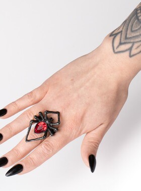 Alchemy Gothic A牌蒸汽朋克潮人个性暗黑红水晶蜘蛛戒指 R222B
