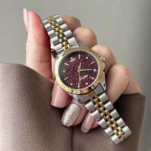 2024新款钢带女表乌梅紫色手表浮雕小表盘火龙果色女款石英表