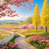 鲜花美景小路朝阳花瓣3D山水风景走廊玄关挂画餐厅壁画阳光FJ2025