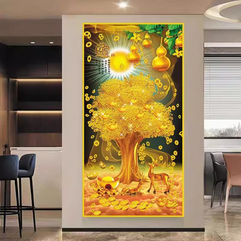 招财进宝玄关装饰画高档过道贴画现代轻奢黄金满地XG06688发财树