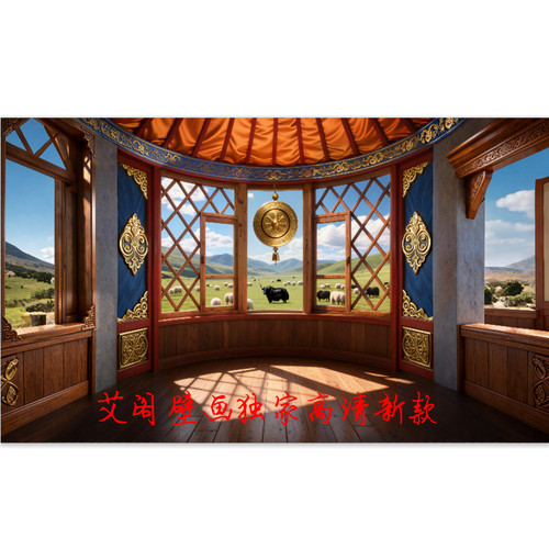 蒙古包蓝天仿木格墙布烧烤店餐厅壁画背景墙纸牛羊草原壁纸FJ5133