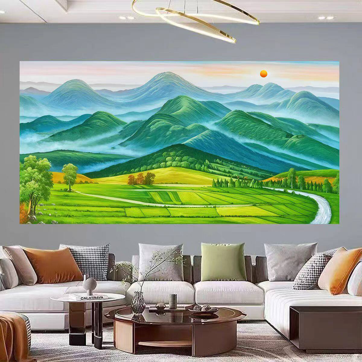 靠山黄金满地旭日东升壁画巨人山有山3D无水大型壁画环保XG2519