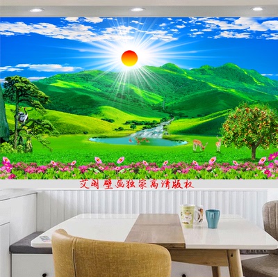 好寓意靠山日出聚宝盆旭日东升草原福鹿黄金满地背景壁画FJ5128