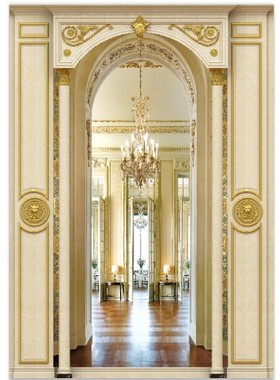 X01128壁画金色护板罗马柱电视背景墙卧室沙发墙大理石纹欧式