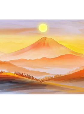 FJ01569意境绿色红太阳日出靠山有山无水树木红日紫气东来背景墙