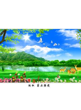 FJ02288靠山聚宝盆福禄鹿蓝天白云大树草地电视墙沙发背景墙壁画