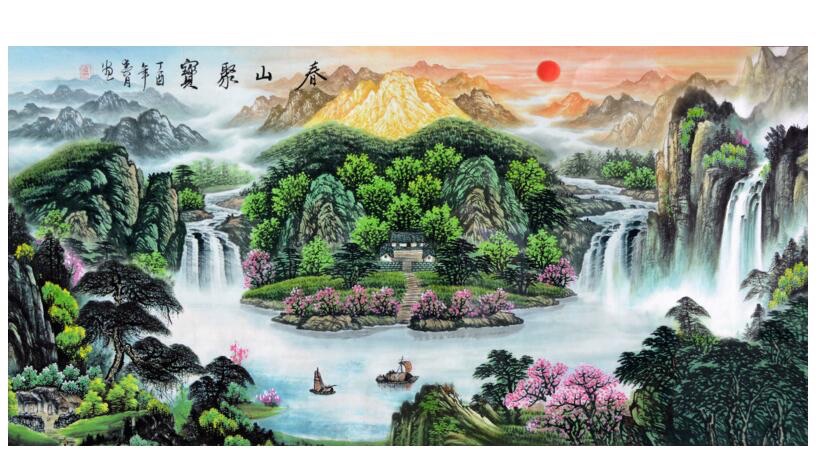 FJ0920发财靠山旭日东升山水画瀑布山水流水生财电视沙发背景墙