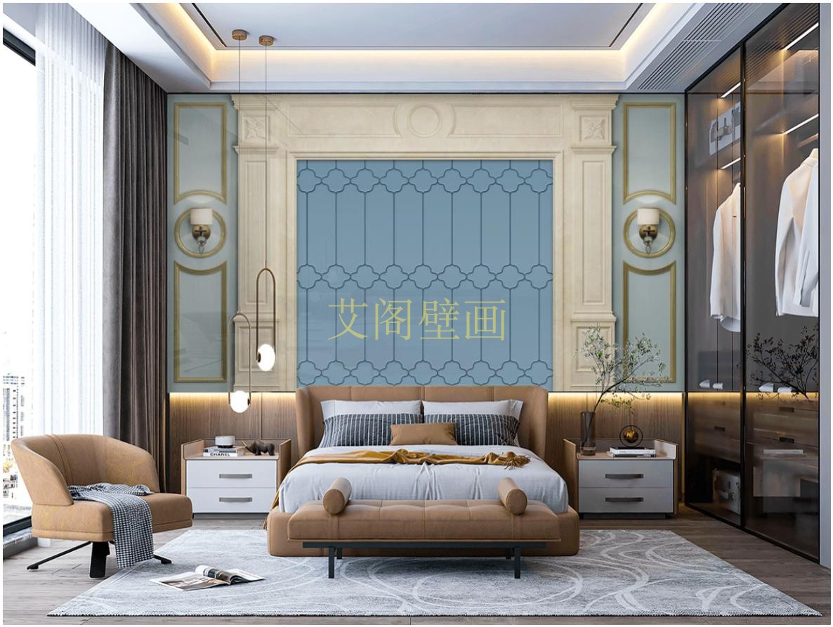 定制欧式罗马柱米黄玉石蓝色仿软包清晰电视墙沙发墙卧室壁画墙布