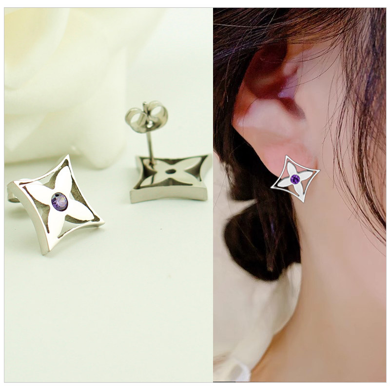 紫钻气质耳环女钛钢玫瑰金时尚流行闪钻大四叶草耳钉女防过敏耳饰